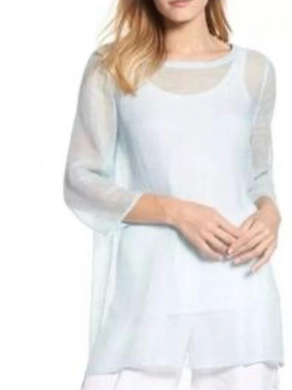 Eileen Fisher Light Blue Sheer Mesh Tunic Top Lightweight 3/4 Sleeve Size XS